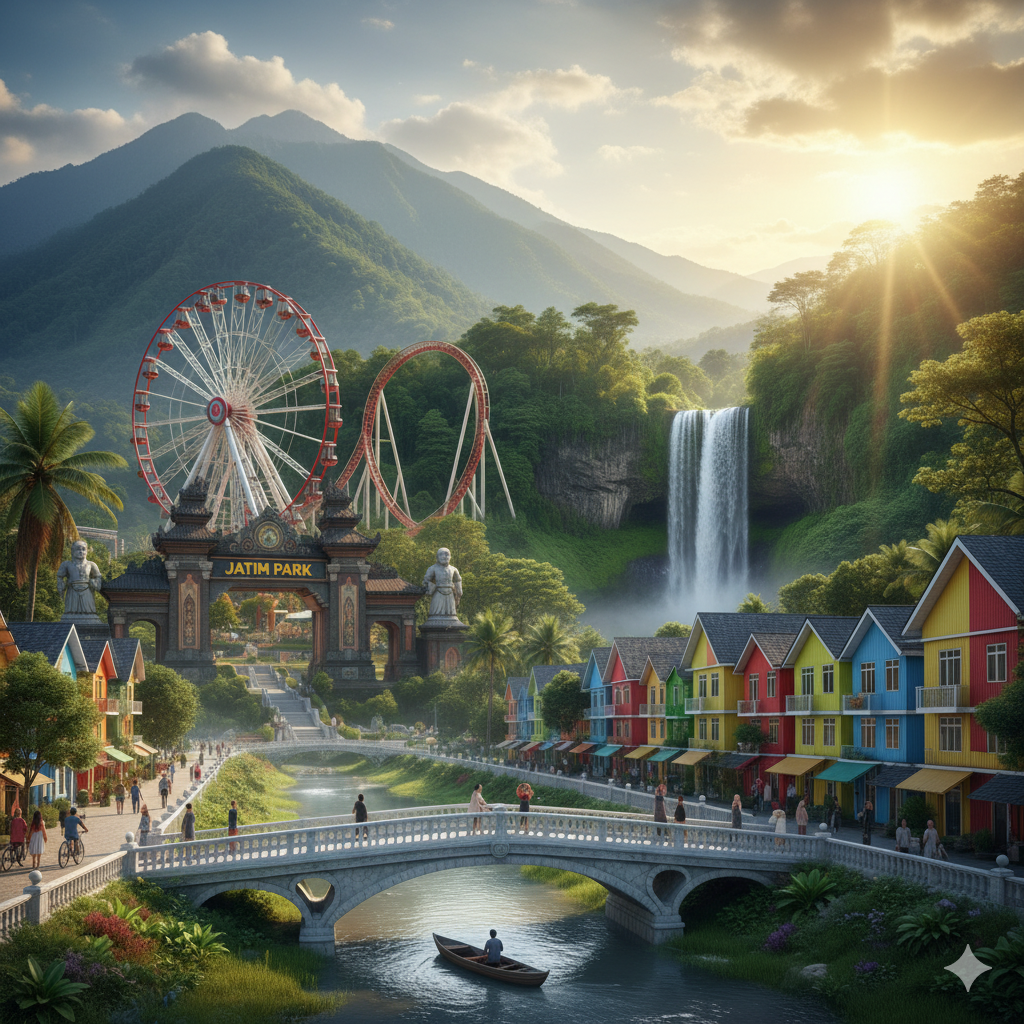 Pemandangan indah Kota Wisata Batu dan Malang di Jawa Timur, menampilkan gerbang Jatim Park, kincir ria, roller coaster, air terjun Coban Rondo, perbukitan hijau, serta deretan rumah warna-warni di tepi sungai.